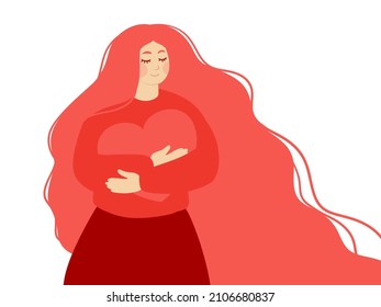 A Young Woman Embraces A Big Heart With Love And Care. A Girl With Long Hair Holds A Pink Heart In Her Hands. The Concept Of Self-care And Body Positivity.