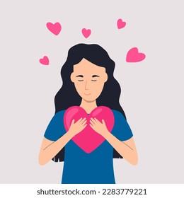 Young woman embraces a big heart. Young girl feeling affection, gratitude. Flat vector illustration