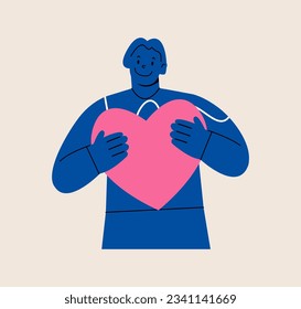 Young woman embraces a big pink heart. Body positive and mental health concept. Colorful vector illustration
