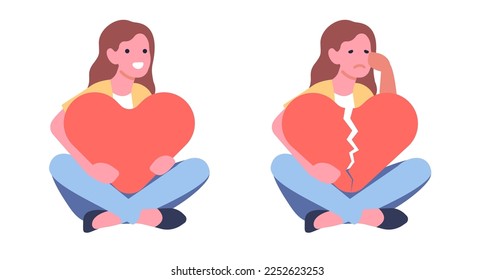 Young woman embraces big red heart. Whole and broken romance. Love or sadness of divorce. Relationship crisis. Female holding amour symbol. Feelings expression. Vector