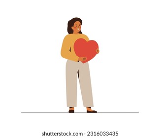 Young woman embraces a big red heart with hands. Happy girl gives love and kindness. Concept of charity, philanthropy, empathy and donation. Vector illustration