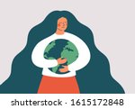 Young woman embraces green planet Earth with care and love. Vector illustration of Earth day and saving planet. Environment conservation and energy saving concept.