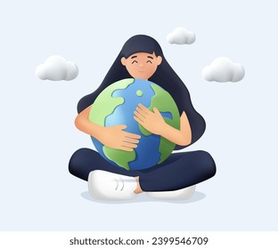 Young woman embraces green planet Earth with care and love, 3D illustration. Vector illustration of Earth day and saving planet. Environment conservation and energy saving concept, 3D vector