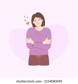 Young woman embraces herself, vector illustration