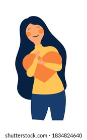 Young woman embraces and holding heart with mindfulness and love. Self acceptance and confidence concept, vector illustration for graphic. flat design style minimal