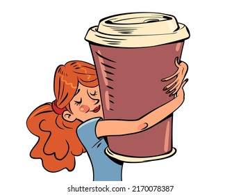 a young woman embraces a huge cup of coffee, a morning breakfast, a cheerful drink