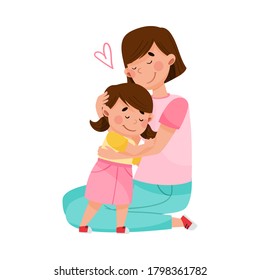 Young Woman Embracing Her Little Daughter Vector Illustration