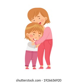 Young Woman Embracing Her Little Daughter Vector Illustration