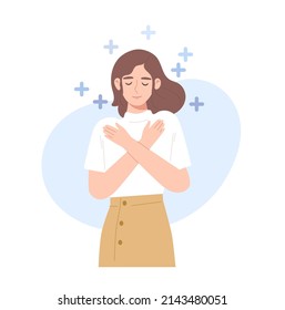 Young woman embracing her self with positive symbols. Concept of self-love, encouragement, support, confident, mental well-being, healthy, self-hugging. Flat vector illustration character.