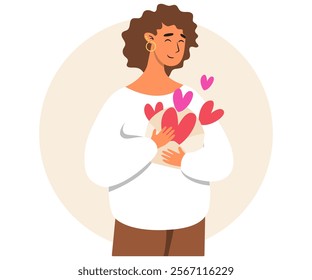 Young woman embracing letter with Hearts and love self Acceptance and Confidence