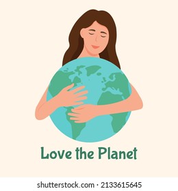 Young woman embracing planet Earth. Girl  hugging globe by hands. Love the Planet. Eco friendly, save the planet.Earth day. Vector illustration