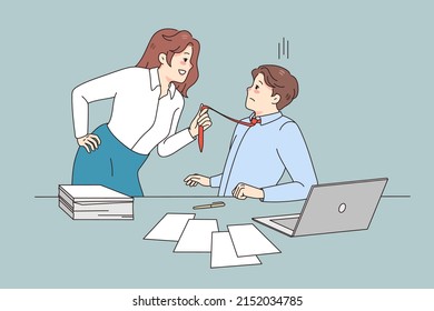 Young Woman Employee Pull Male Employee Tie Seduce Him At Workplace. Female Worker Show Attraction To Man Coworker. Sexual Harassment And Abuse In Office. Flat Vector Illustration. 