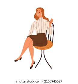 Young woman employee sitting in chair. Office worker greeting smb with hi hand gesture, saying hello. Happy businesswoman in skirt, blouse. Flat vector illustration isolated on white background.