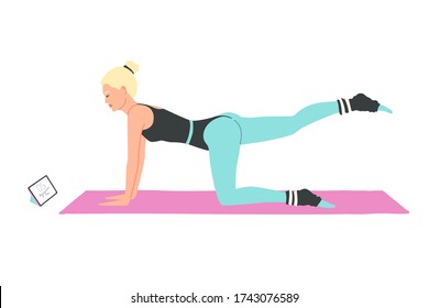 Young woman is engaged in fitness at home looking at the tablet screen. Athletic girl does physical exercises on the app. Sports training online. Vector illustration isolated