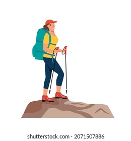 A young woman is engaged in hiking. A woman with walking sticks and a backpack stands against the background of a lake and mountains. Flat vector illustration