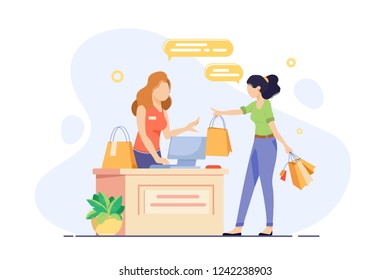 Young woman engaged in shopping and checkout her purchases. Concept girl seller, vendor, cashier with shopping bags at workplace. Vector illustration.