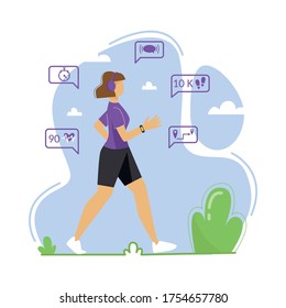 A Young Woman Is Engaged In Walking In The Fresh Air. A Woman Wears A Fitness Tracker, Pedometer. Vector Illustration. 