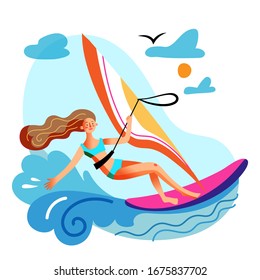 Young woman engaged in windsurfing in sea or ocean. Girl with flying hair standing on board with sail moving through wave. Extreme water sport and entertainment on summer vacation. Vector illustration