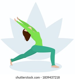 a young woman is engaged in yoga, standing in a pose called virabhadrasana. Healthy lifestyle at home 
