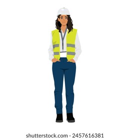 Mujer joven ingeniera en casco y chaleco de seguridad. Ilustración vectorial plana aislada sobre fondo blanco