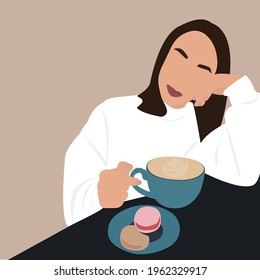 Una joven mujer disfruta de café y macarons en un café. Ilustración vectorial