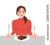 Young woman enjoy eating steak in the dish holding knife and fork as she is ready to eat. Flat vector illustration isolated on white background