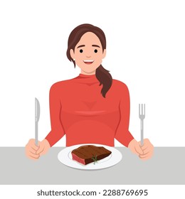 Young woman enjoy eating steak in the dish holding knife and fork as she is ready to eat. Flat vector illustration isolated on white background