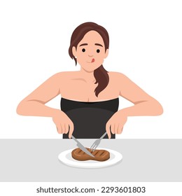 Young woman enjoy eating steak in the dish holding knife and fork as she is ready to eat. Flat vector illustration isolated on white background