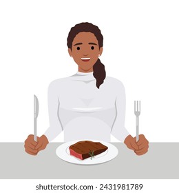 Young woman enjoy eating steak in the dish holding knife and fork as she is ready to eat. Flat vector illustration isolated on white background