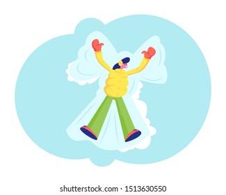 Young Woman Enjoy First Snowfall. Happy Girl Lying in Snow on Back and Moving Arms and Legs. Smiling Lady Making Snow Angel. Winter Entertainments and Fun Recreation. Cartoon Flat Vector Illustration