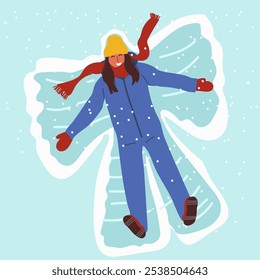 Young woman enjoy first snowfall. Happy girl lying in snow on back and moving arms and legs flat vector. Smiling lady making snow angel hand drawn illustration for winter entertainments concept