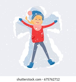 Young woman enjoy first snowfall. Happy blond girl lying in snow on back and moving arms and legs flat vector. Smiling lady making snow angel cartoon illustration for winter entertainments concept