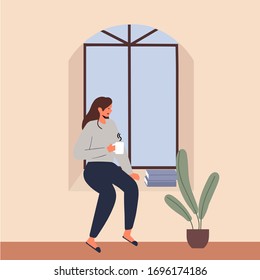 young woman enjoy his coffee or tea look window and stay home cartoon hand drawn style flat vector design human character illustration