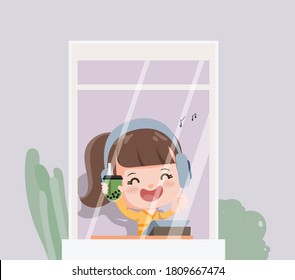 Young woman enjoy the music and drinking bubble green tea. New normal lifestyle stay at home.