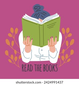 Young woman enjoy reading, behind a book. Read the books vector poster. Cartoon female booklover character. Education leisure, self development concept on pink floral background