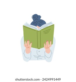 Mujer joven disfruta leyendo, detrás de un libro. Caricatura femenina booklover personaje ilustración vectorial. Educación ocio, concepto de autodesarrollo aislado sobre fondo blanco