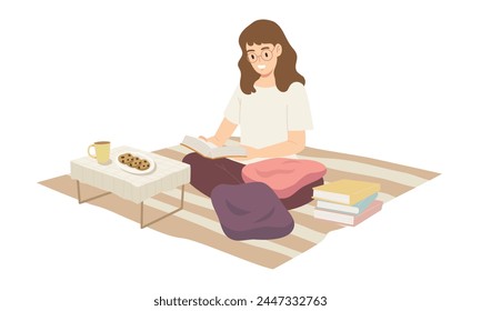 Young woman enjoy reading as leisure isolated on white background. Concept of reading, book lover, bookworm, studying, hobby, free time, lifestyle. Flat vector illustration character.