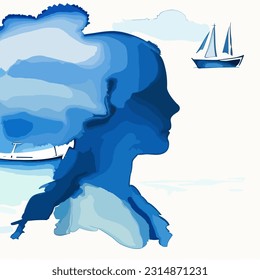 Young woman enjoy at the sea coast. Dreamy girl walking along the seaside back view. Serenity landscape with blue water, small waves and flying gulls vector flat illustration.