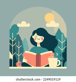 young woman enjoy sitting reading book hygge concept cartoon vector flat color illustration