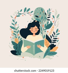 young woman enjoy sitting reading book hygge concept cartoon vector flat color illustration