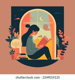 young woman enjoy sitting reading book hygge concept cartoon vector flat color illustration