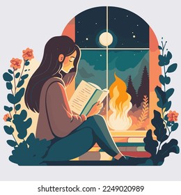 young woman enjoy sitting reading book hygge concept cartoon vector flat color illustration