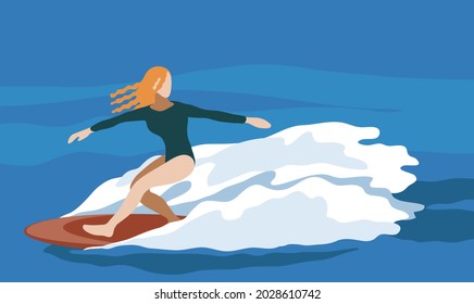 Young woman enjoy surfing, Illustration.