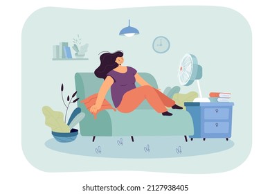 Young woman enjoying cool air from fan at home. Funny girl sitting in front of fan, air conditioning flat vector illustration. Summer, hot weather concept for banner, website design or landing page