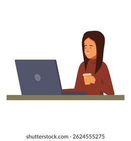 Young woman is enjoying a cup of coffee while working from home on her laptop
