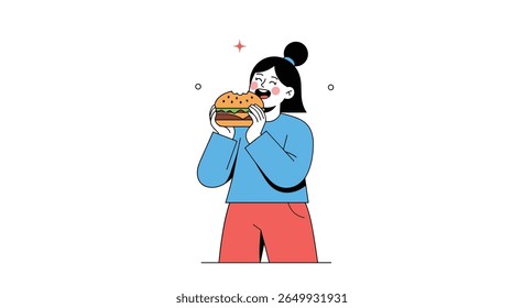 Jovem mulher desfrutando de um grande hambúrguer delicioso com ingredientes frescos e uma expressão feliz