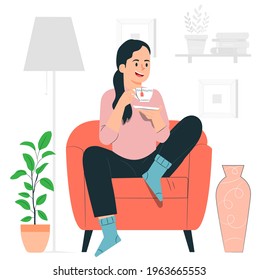 Young woman, enjoying and drinking hot tea at home, illustration concept.