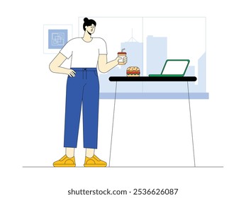 Young woman enjoying fast food while watching video on laptop, modern urban life vector illustration.