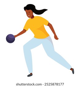 Young woman is enjoying a game of bowling, throwing a heavy black ball down the lane