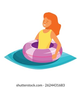 Young woman is enjoying her vacation, floating on a pink inflatable ring in a refreshing swimming pool